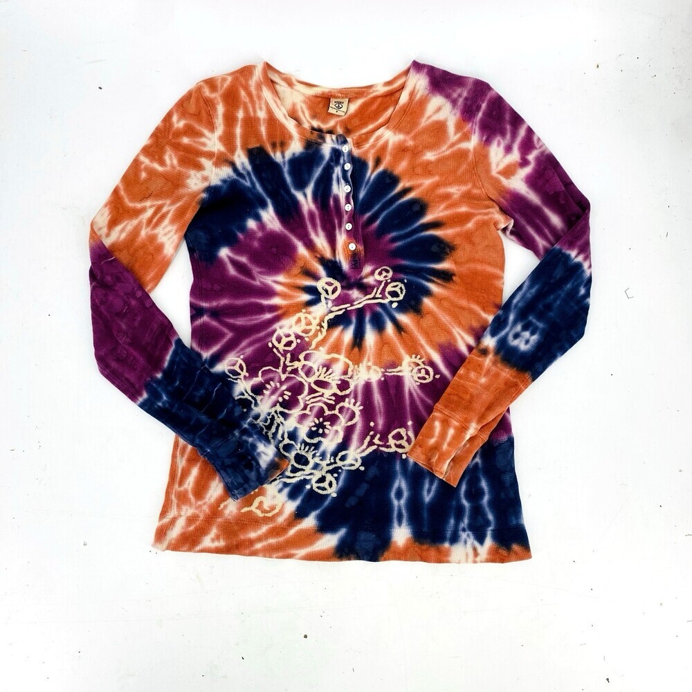 Vintage 90's Y2K Lucky Brand Tie Dye Graphic Thermal Size Medium Orange Purple